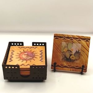 4 Thirstystone Natural Sandstone Coasters Sun Moon Brown Diamond Metal Holder